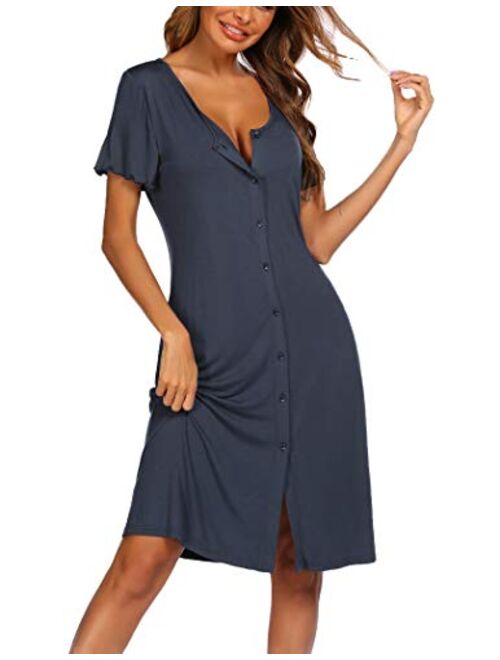 SHESHOW Womens Nightgown Button Down Nightshirt Short Sleeve Sleepwear V Neck Boyfriend Pajama Dress S-XXL