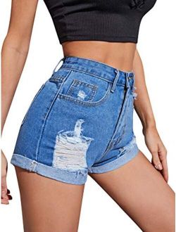 Women's Mid Rise Jeans Shorts Folded Hem Pocket Denim Shorts