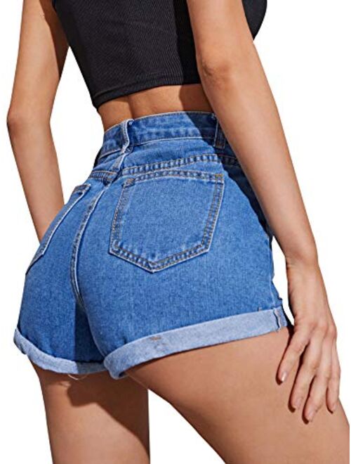 SweatyRocks Women's Mid Rise Jeans Shorts Folded Hem Pocket Denim Shorts
