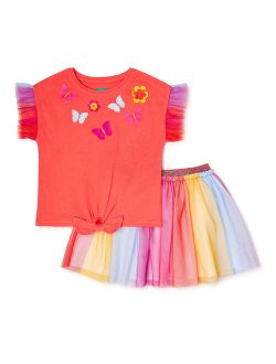 Girls Tie Front T-Shirt and Mesh Skirt, 2-Piece Outfit Set, Sizes 4-10