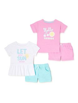 Girls Graphic Print T-Shirt, Peplum T-Shirt and Solid Shorts, 4-Piece Outfit Set, Sizes 4-10