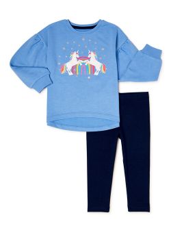 Girls Printed Crewneck and Leggings, 2-Piece Outfit Set, Sizes 4-10