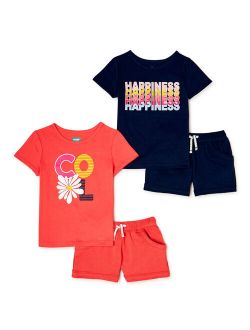 Girls Graphic Print T-Shirts and Solid Shorts, 4-Piece Outfit Set, Sizes 4-10