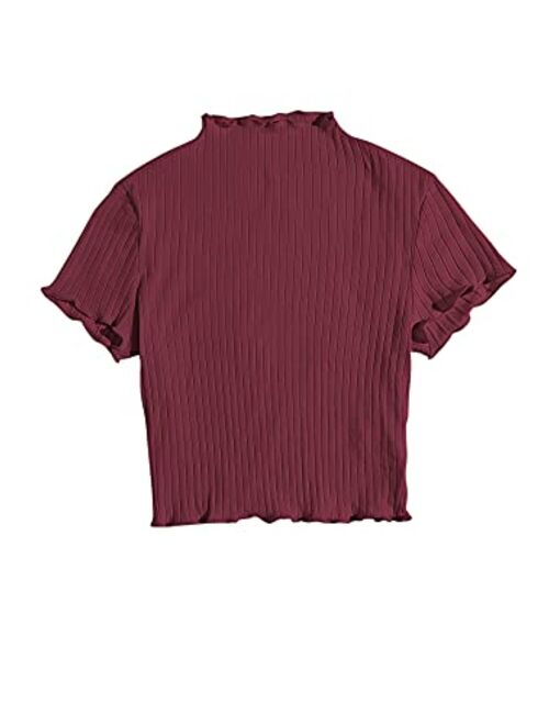 SweatyRocks Women's Lettuce Trim Ribbed Knit Short Sleeve Crop Top T-Shirt
