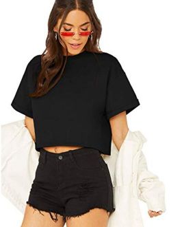 Women's Solid Roll Up Short Sleeve Casual Crop Tops T-Shirt Black S