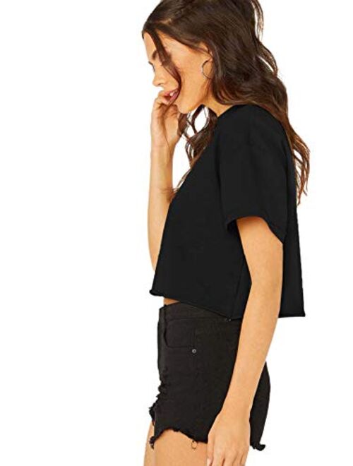 SweatyRocks Women's Solid Roll Up Short Sleeve Casual Crop Tops T-Shirt Black S