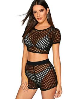 Women's Sexy 2 Pieces Fishnet Crop Top with Shorts Outfit Set