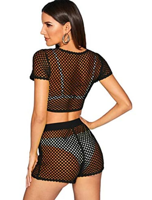 SweatyRocks Women's Sexy 2 Pieces Fishnet Crop Top with Shorts Outfit Set