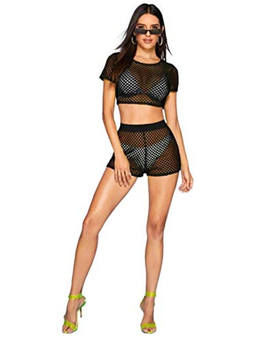 SweatyRocks Women's Sexy 2 Pieces Fishnet Crop Top with Shorts Outfit Set