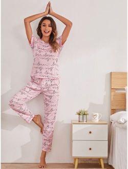 Allover Letter Graphic Pajama Set With Eye Cover