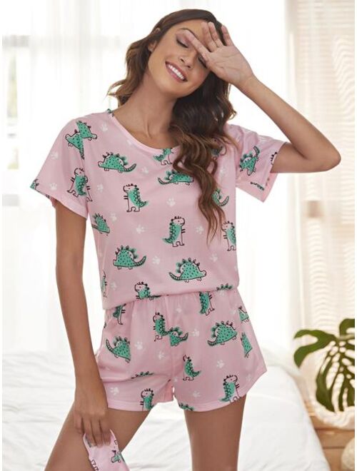 Shein Dinosaur Print Pajama Set With Eye Mask