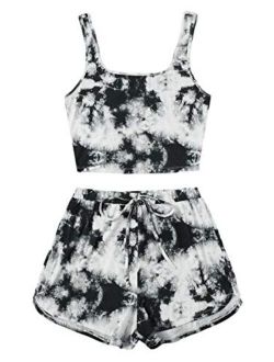 Women's Suit 2 Piece Outfits Sleeveless Tie Dye Tank Top and Shorts Set