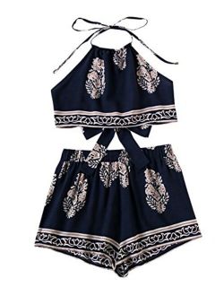 Women's 2 Piece Set Halter Floral Embroidered Crop Top and Shorts Set