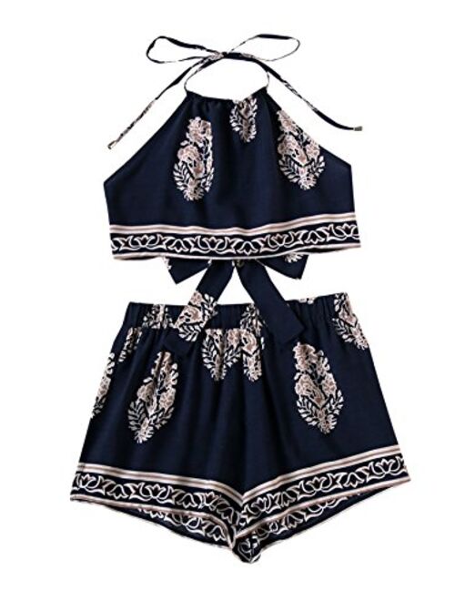 SweatyRocks Women's 2 Piece Set Halter Floral Embroidered Crop Top and Shorts Set