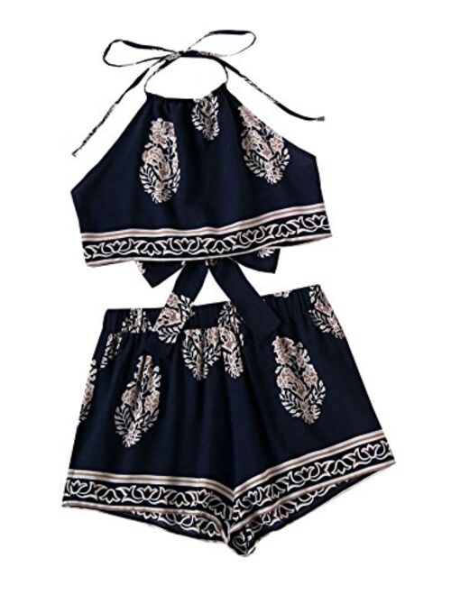 SweatyRocks Women's 2 Piece Set Halter Floral Embroidered Crop Top and Shorts Set