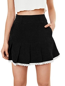 Women's High Waist Pleated Corduroy A Line Mini Skirt with Pocket