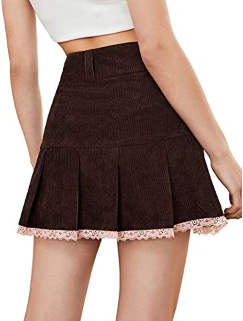 SweatyRocks Women's High Waist Pleated Corduroy A Line Mini Skirt with Pocket