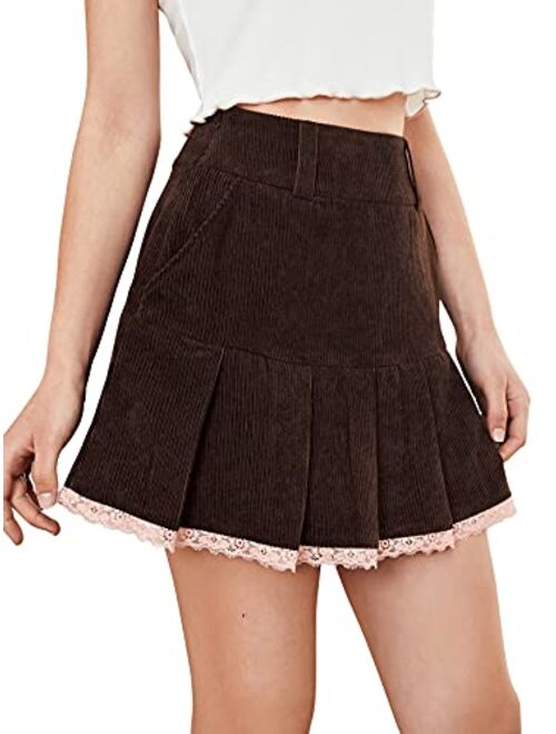 SweatyRocks Women's High Waist Pleated Corduroy A Line Mini Skirt with Pocket