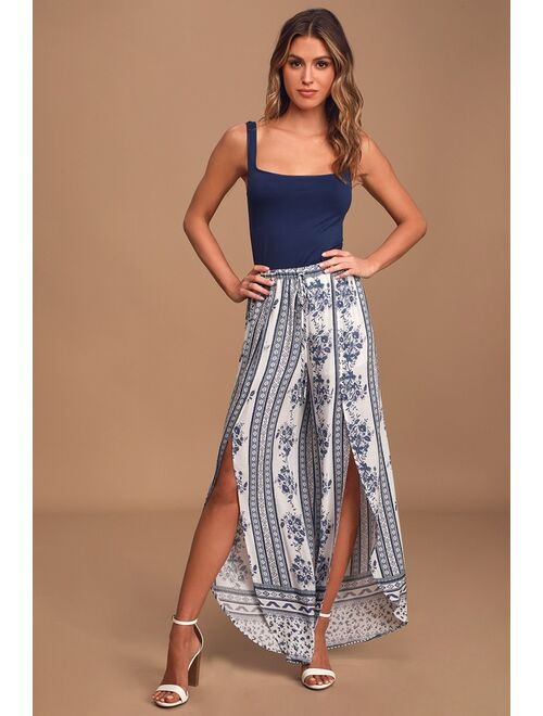 Lulus Best Buds White and Blue Floral Print Wide-Leg Pants