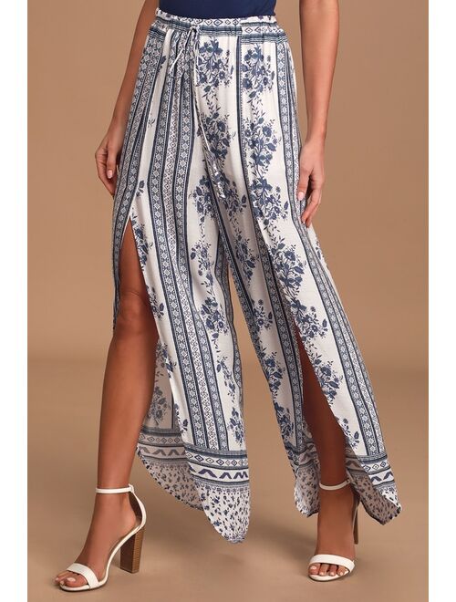 Lulus Best Buds White and Blue Floral Print Wide-Leg Pants