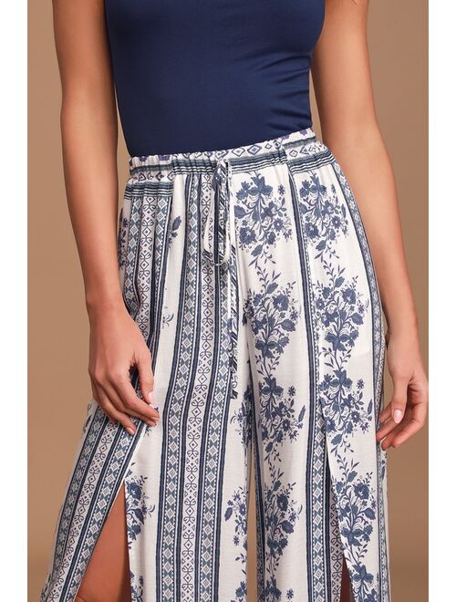 Lulus Best Buds White and Blue Floral Print Wide-Leg Pants