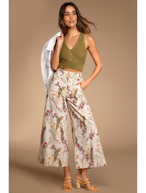 Free People Menorca Taupe Multi Floral Print Wide-Leg Cropped Pants