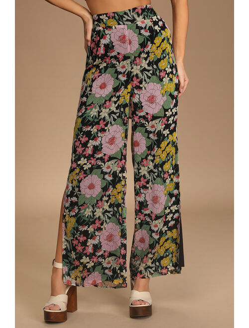 Lulus Here to Bloom Black Floral Print Wide-Leg Pants