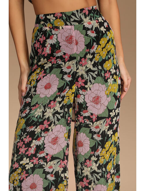 Lulus Here to Bloom Black Floral Print Wide-Leg Pants