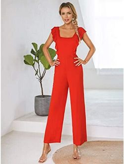 Lanmino Dresses Tied Backless Ruffle Trim Wide Leg Jumpsuit (Color : Red, Size : S)
