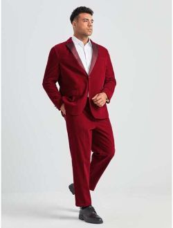 Extended Sizes Men Contrast Panel Single Button Velvet Blazer & Pants