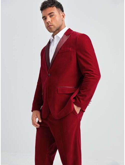 Shein Extended Sizes Men Contrast Panel Single Button Velvet Blazer & Pants