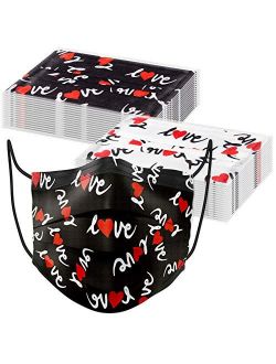 Tomorotec 60PCS Valentine's Day Disposable Fashion Face Masks Love Heart Print Stylish Gift Unisex 3-Ply Covering Individually Packed for Adult Man Women