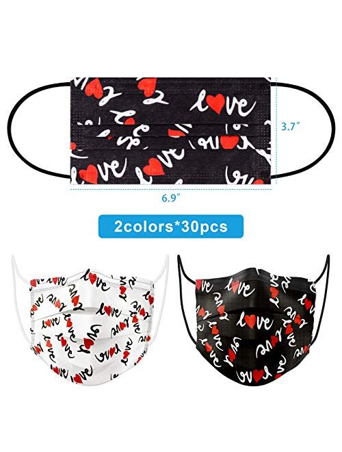 Tomorotec 60PCS Valentine's Day Disposable Fashion Face Masks Love Heart Print Stylish Gift Unisex 3-Ply Covering Individually Packed for Adult Man Women