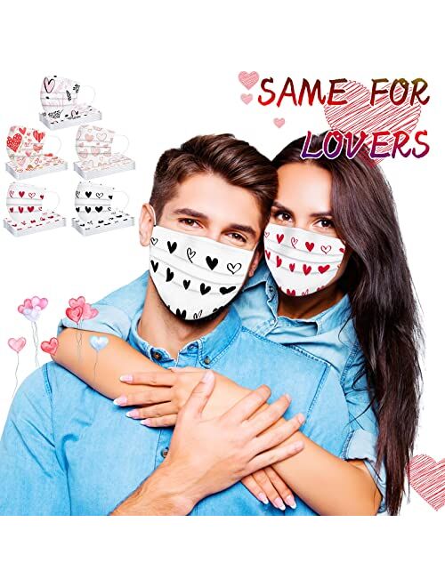 Aqestyerly 50Pcs Valentine Love Heart Mask disposable for Adult Women Men Couples Cute Print Design 3Ply Breathable Full Face Protection