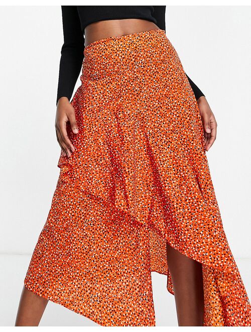 ASOS DESIGN ruffle midi skirt in orange nonprint