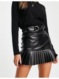 leather look mini skirt with pleated hem in black