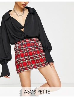 Petite tartan check boucle mini skirt with rhinestone button
