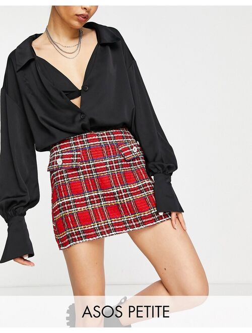 ASOS DESIGN Petite tartan check boucle mini skirt with rhinestone button