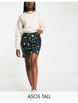Tall mini slip skirt in green floral print