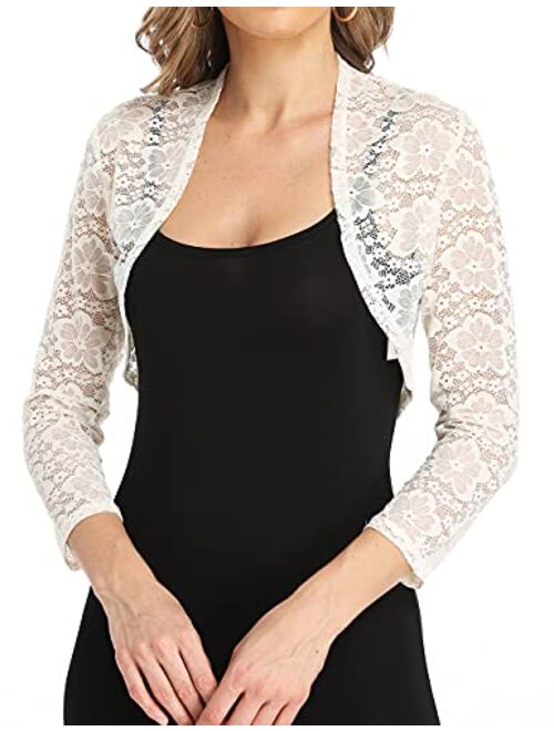 Dilgul Women's 3 4 Sleeve Shrugs Bolero Crochet Lace Open Cardigan Sheer Cover Up Jacket
