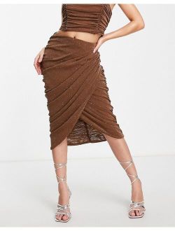 Rare London ruched mesh midi skirt in camel - part of a set