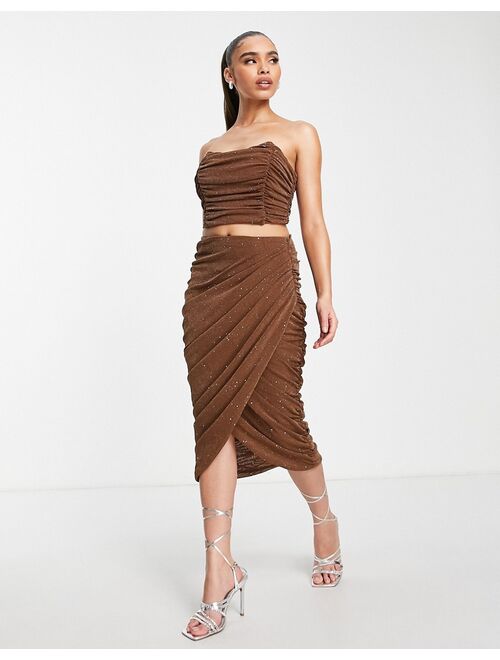 Rare London ruched mesh midi skirt in camel - part of a set