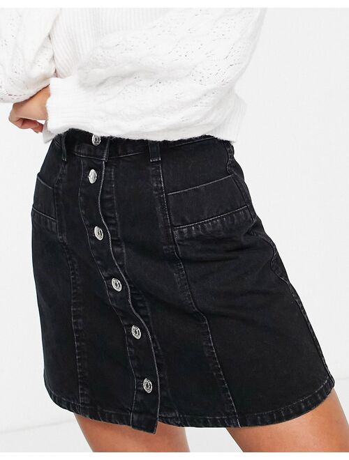 ASOS DESIGN Petite organic cotton blend denim button through skirt in washed black