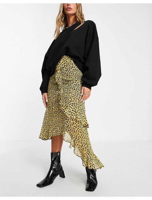 ASOS DESIGN ruffle midi skirt in ochre floral print