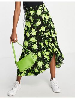 wrap midi skirt with ruffle hem in neon floral print
