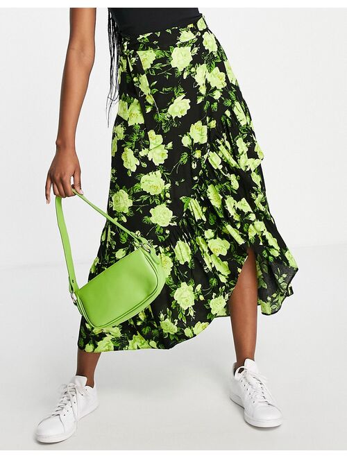 ASOS DESIGN wrap midi skirt with ruffle hem in neon floral print