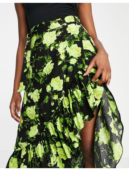 ASOS DESIGN wrap midi skirt with ruffle hem in neon floral print
