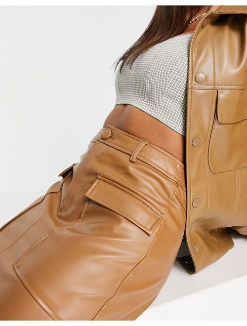 Vila leather look mini skirt with pocket front in brown