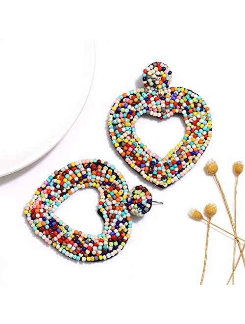 CEALXHENY Beaded Drop Earrings Handmade Seed Bead Heart Hoop Dangle Earrings Bohemia Statement Earring Studs for Women Girls