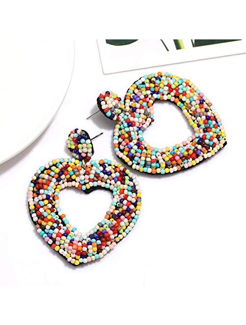 CEALXHENY Beaded Drop Earrings Handmade Seed Bead Heart Hoop Dangle Earrings Bohemia Statement Earring Studs for Women Girls